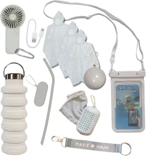 Maxie & Nova 9 Piece Theme Park Essentials & Cruise Ship Essentials Accessory Kit - USB Fan, Cooling Towel, Waterproof Phone Pouch, Collapsible Water Bottle, Reusable Straw, & 3 Emergency Ponchos