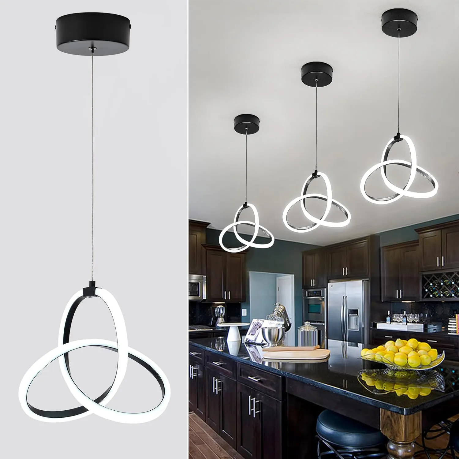 MAYNA Modern Spiral LED Chandelier, 6000K Daylight Pendant Light, Adjustable Height Island Light Fixture for Bedroom, Cafe, 1 Pack (Black)