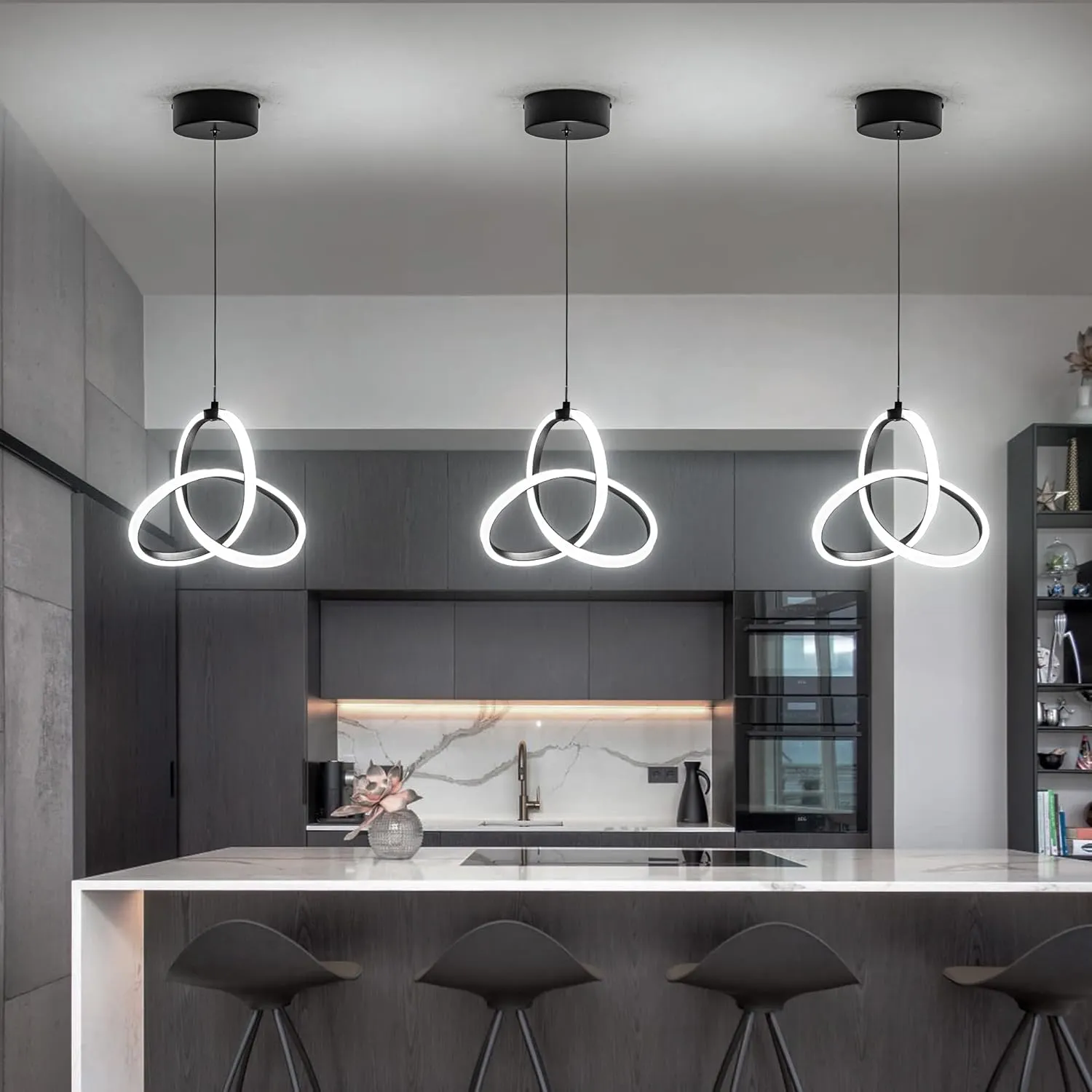 MAYNA Modern Spiral LED Chandelier, 6000K Daylight Pendant Light, Adjustable Height Island Light Fixture for Bedroom, Cafe, 1 Pack (Black)
