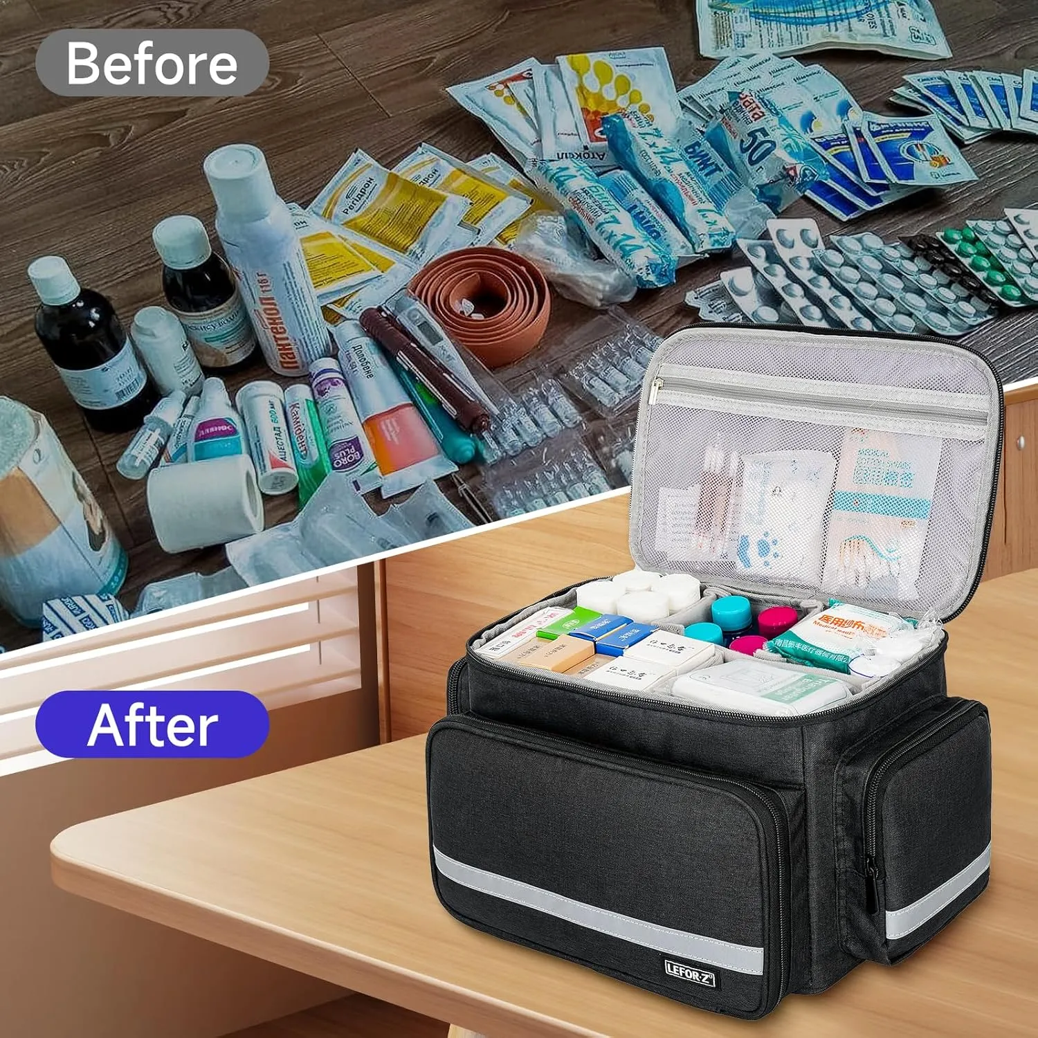 Medical Bag,First Aid Bag Empty,Home Health Nurse Storage,Pill Bottle Organizer Box,Emergency Medical Supplies Tote with Detachable Divider for Home,Travel(Black)
