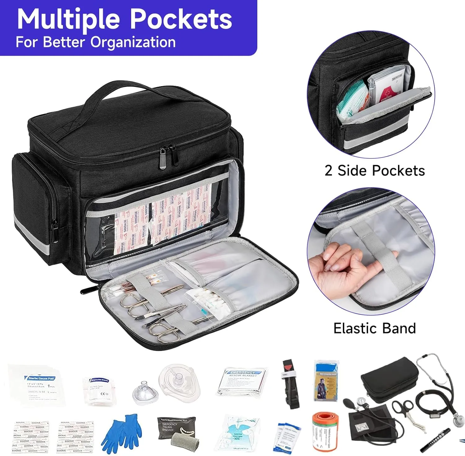Medical Bag,First Aid Bag Empty,Home Health Nurse Storage,Pill Bottle Organizer Box,Emergency Medical Supplies Tote with Detachable Divider for Home,Travel(Black)