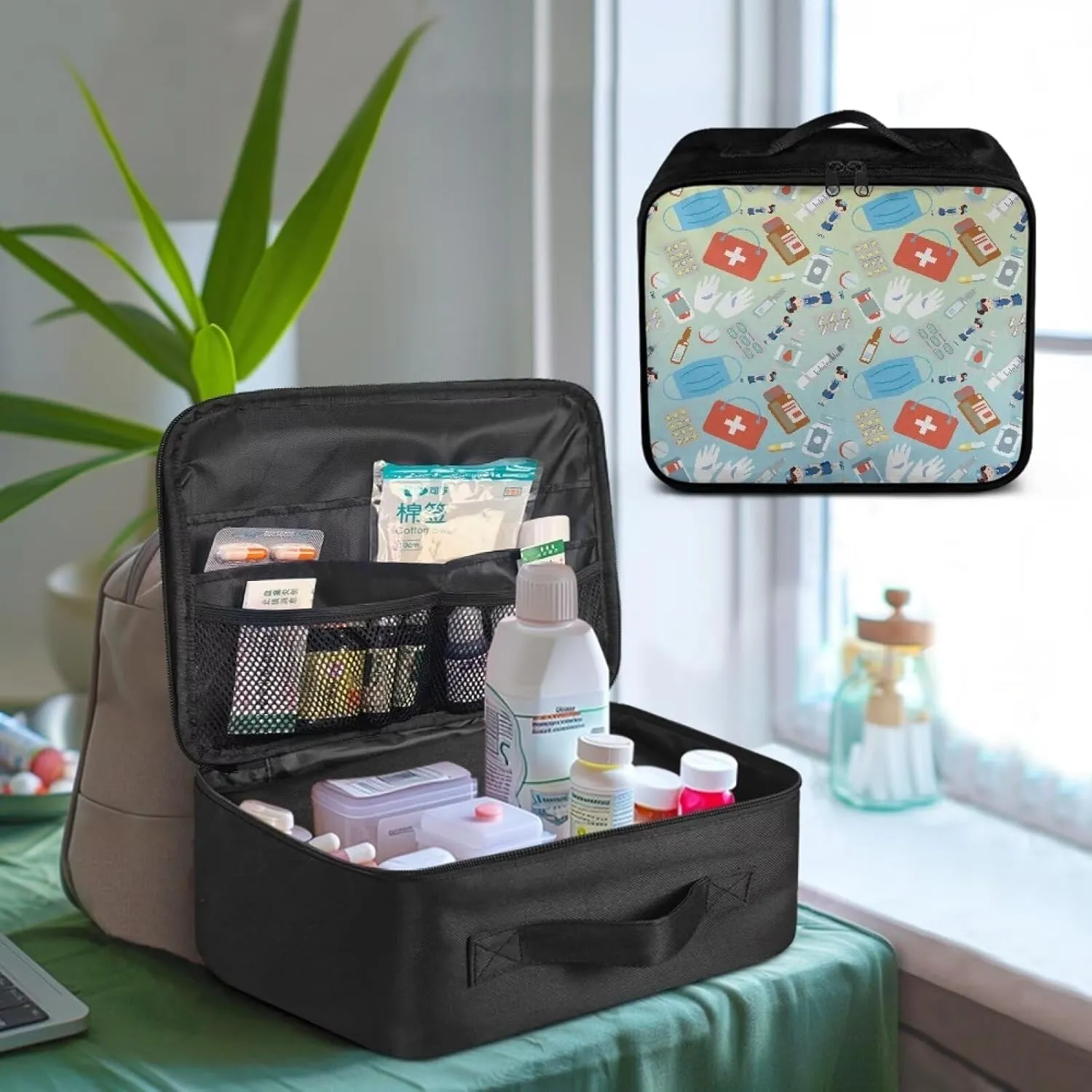 Medium Size First Aid Bag Empty Medication Pattern Travel Medicine Pouch Double Zippers Storage Medicine Emergency Bag for Car Home Office Kitchen Sport Outdoor Medical Kit