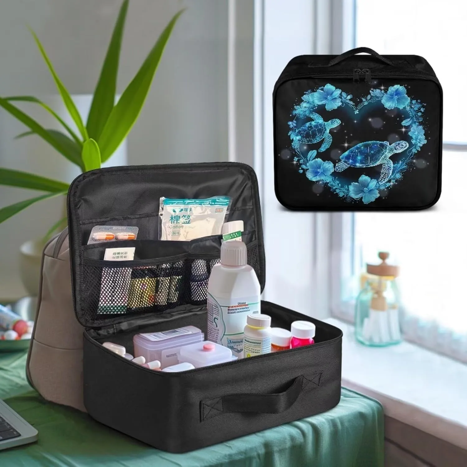Medium Sized Empty First Aid Bag Blue Turtle First Aid Zipper Pouch Empty Medical Bag Medical Supplies Organizer Bag Empty Travel Medicine Bag for Car Home Camping Hiking