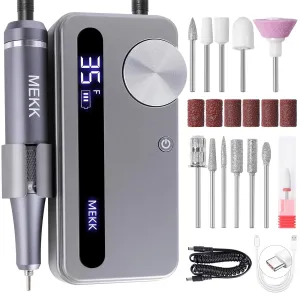 MEKK Nail Drill,35000RPM Cordless Nail Drill Professional Electric Nail File with 12PCS Bits,Anti-Shaking Rechargeable E File Kit for Acrylic Nails,Home & Salon(Sliver)