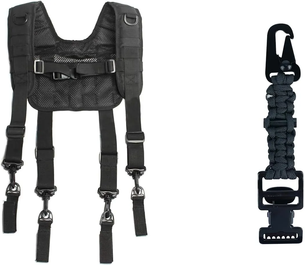 MELOTOUGH Tactical Outdoor H-Harness Duty Belt Suspenders Black (Battle Belt not Included)   Tactical Glove Clip Braided Paracord Gloves Clips Holder with Flint Rod for Hunting, Hiking, Camping