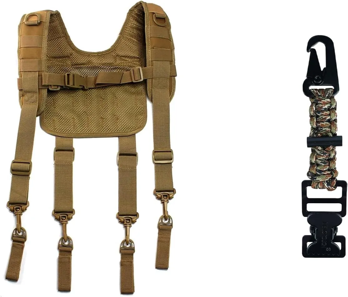 MELOTOUGH Tactical Outdoor H-Harness Duty Belt Suspenders (Khaki) -Tactical Duty Belt not Included   Tactical Glove Clip Braided Paracord Gloves Clips Holder with Flint Rod for Hunting, Hiking