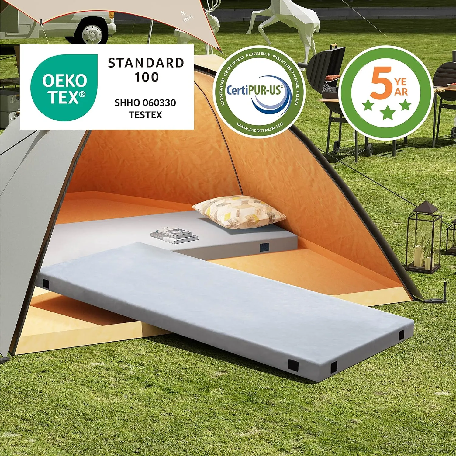 Memory Foam Camping Mattress 2.5 inch, Kids Portable Roll Up Camping Sleep Topper with Waterproof and Non-Slip Bottom, Camping Car Mat with Travel Bag, 63.5"×26.5"×2.5", Grey