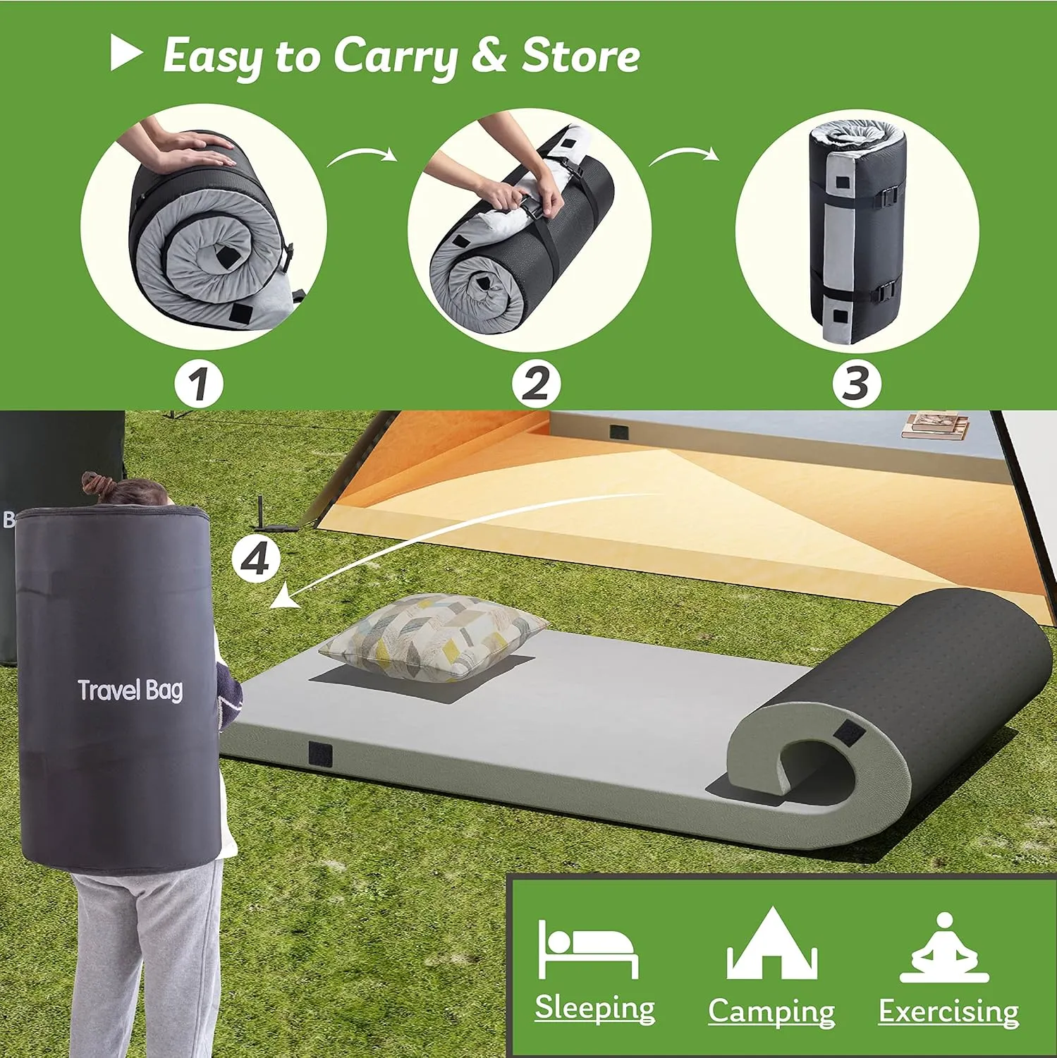 Memory Foam Camping Mattress 2.5 inch, Kids Portable Roll Up Camping Sleep Topper with Waterproof and Non-Slip Bottom, Camping Car Mat with Travel Bag, 63.5"×26.5"×2.5", Grey
