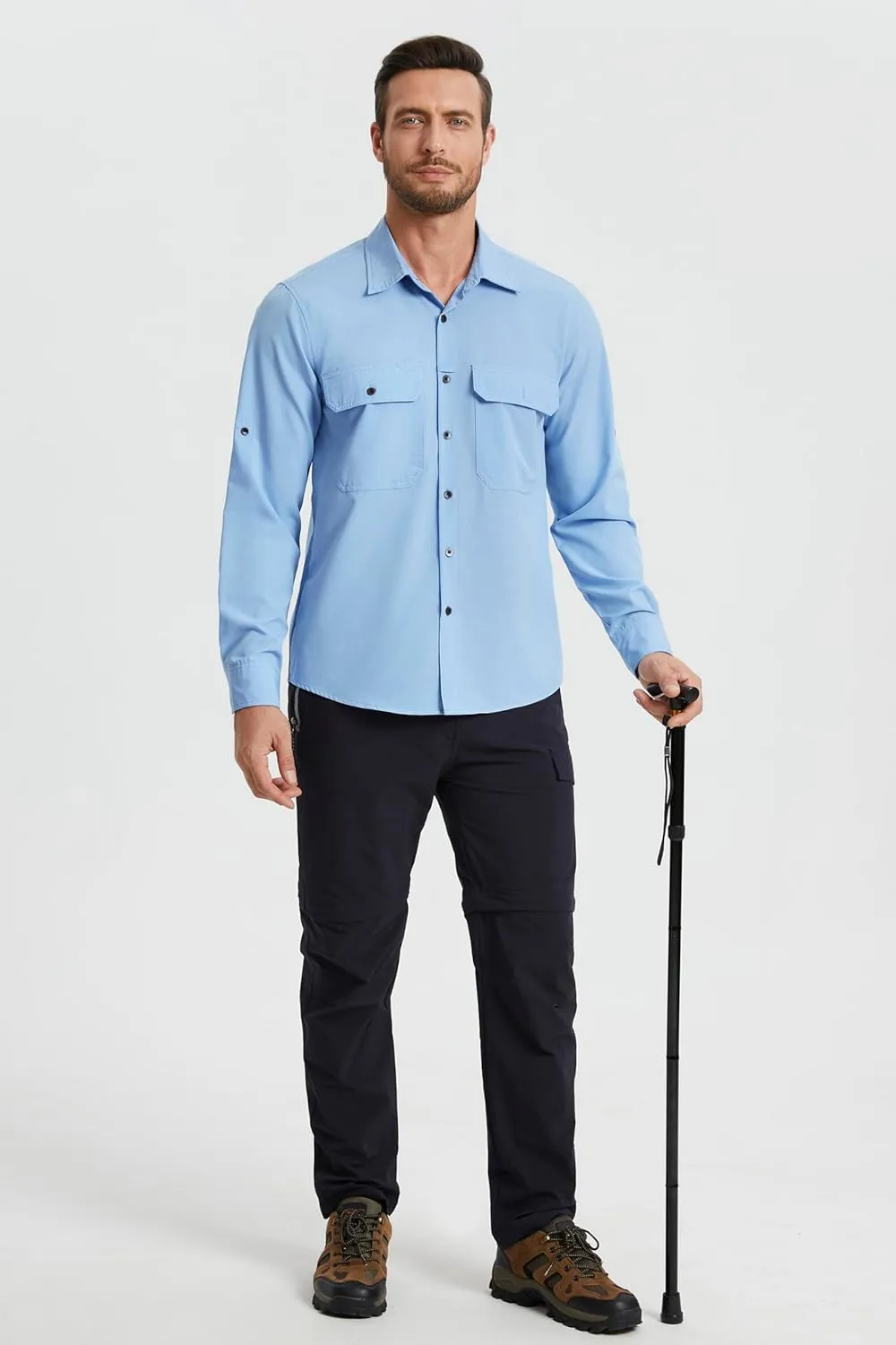 Mens Fishing Shirts Long Sleeve UPF 50  Sun Protection Quick Dry Cooling Hiking Travel Button Down Shirt Roll Up Sleeve