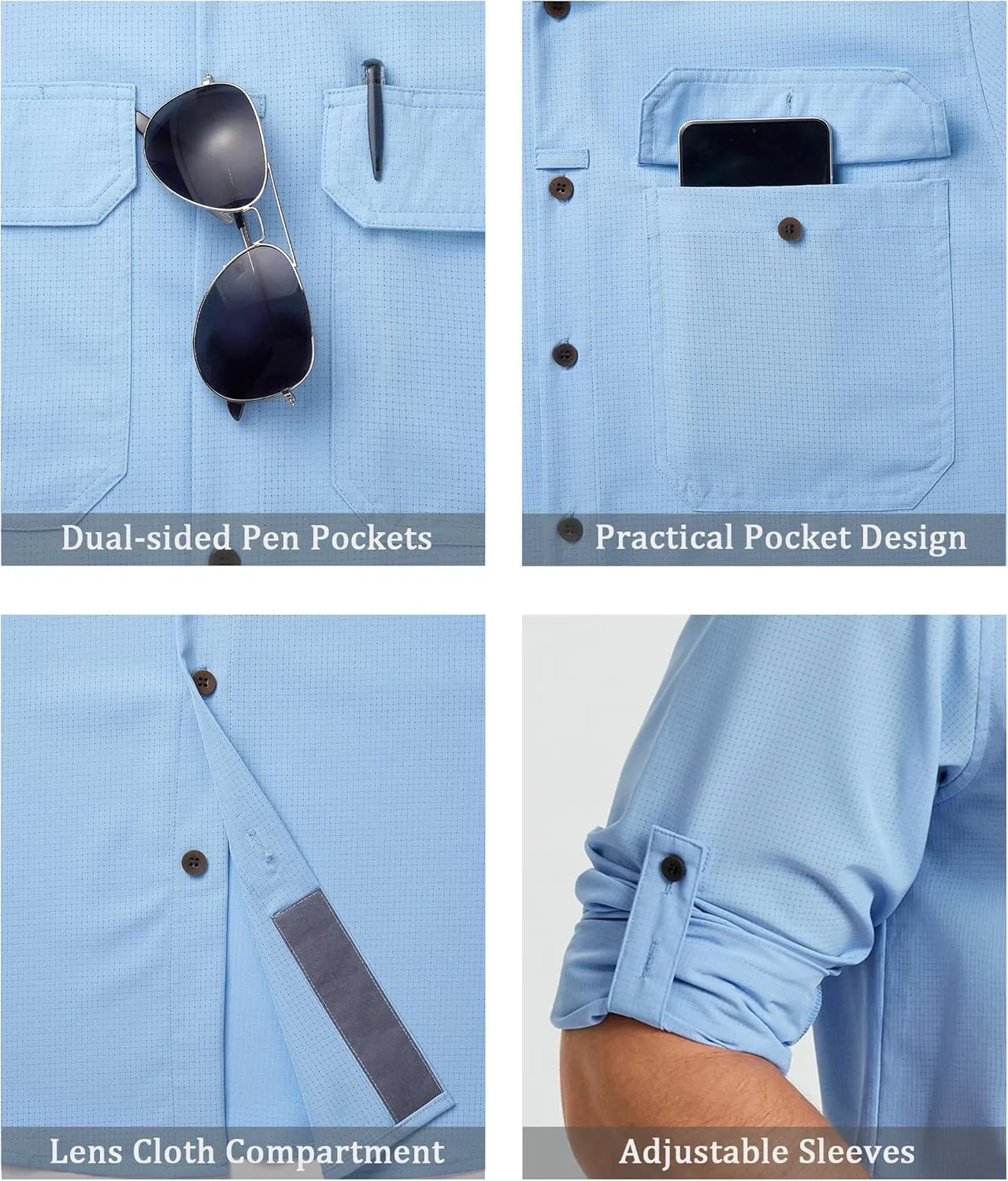 Mens Fishing Shirts Long Sleeve UPF 50  Sun Protection Quick Dry Cooling Hiking Travel Button Down Shirt Roll Up Sleeve