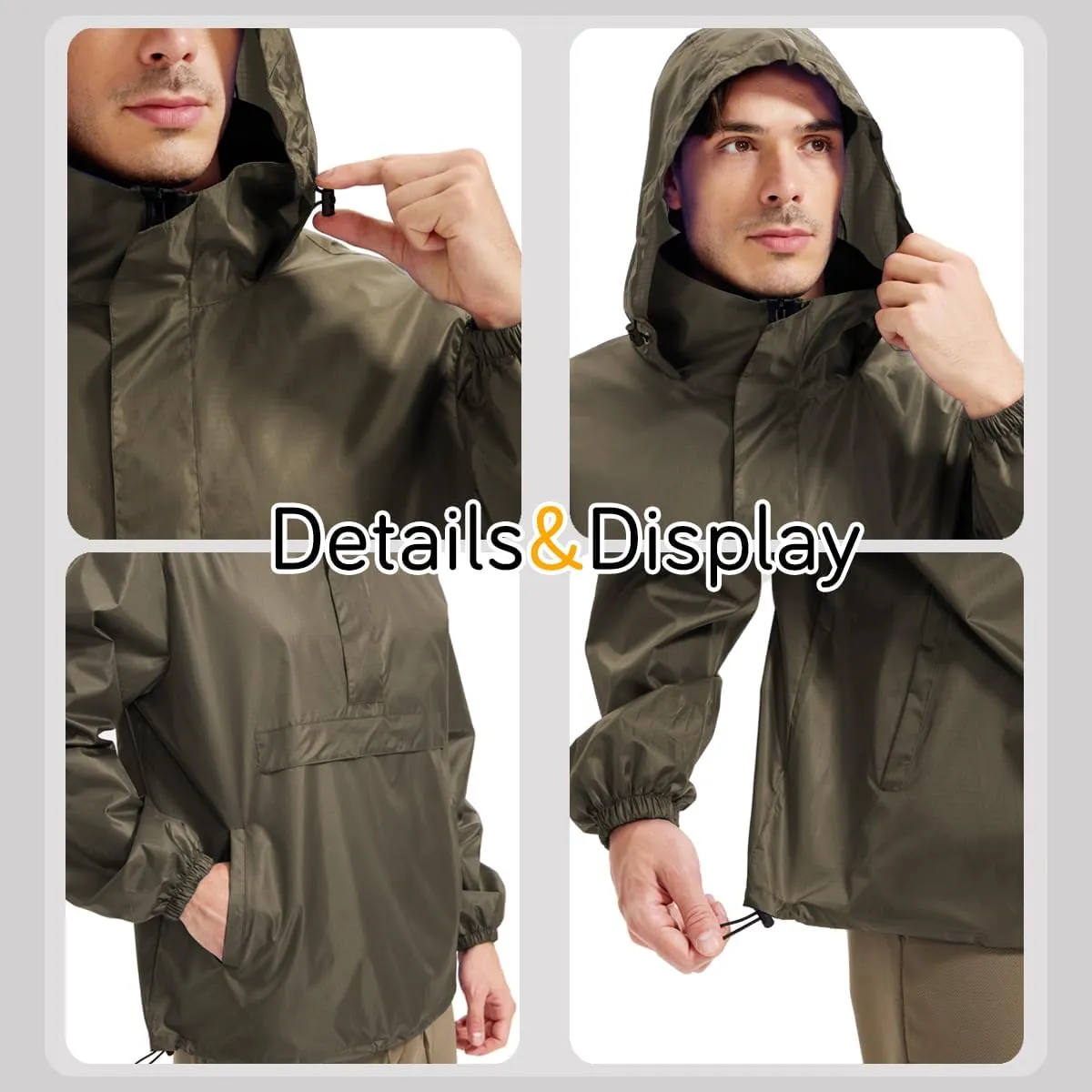 Men's Rain Jacket Waterproof Lightweight Packable Raincoat with Hood for Hiking Travel