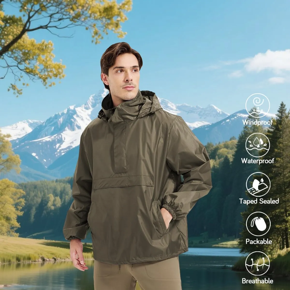 Men's Rain Jacket Waterproof Lightweight Packable Raincoat with Hood for Hiking Travel