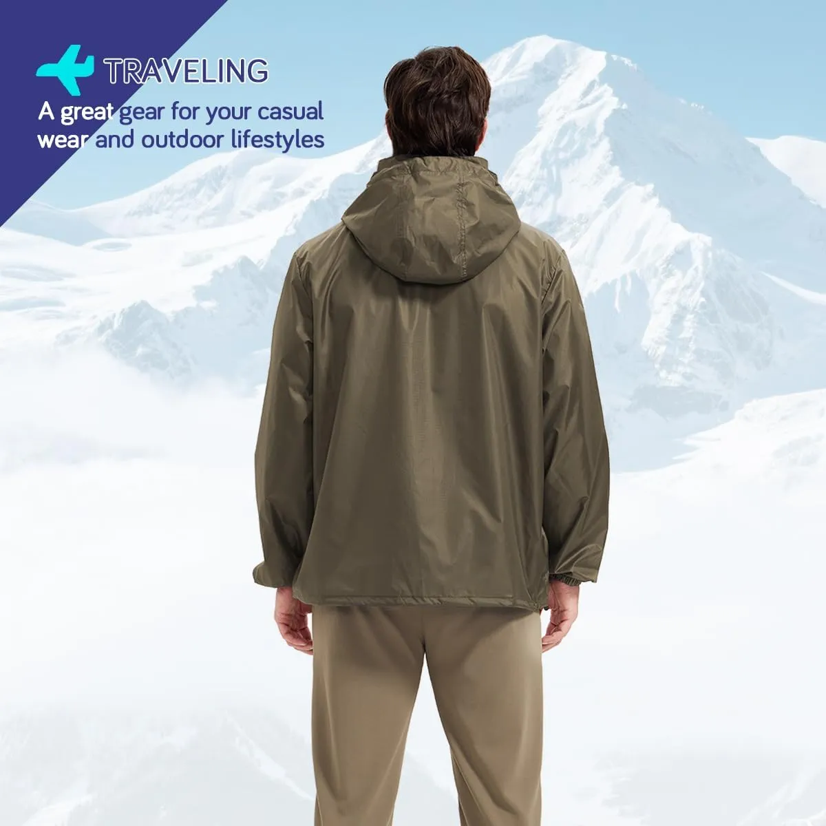 Men's Rain Jacket Waterproof Lightweight Packable Raincoat with Hood for Hiking Travel