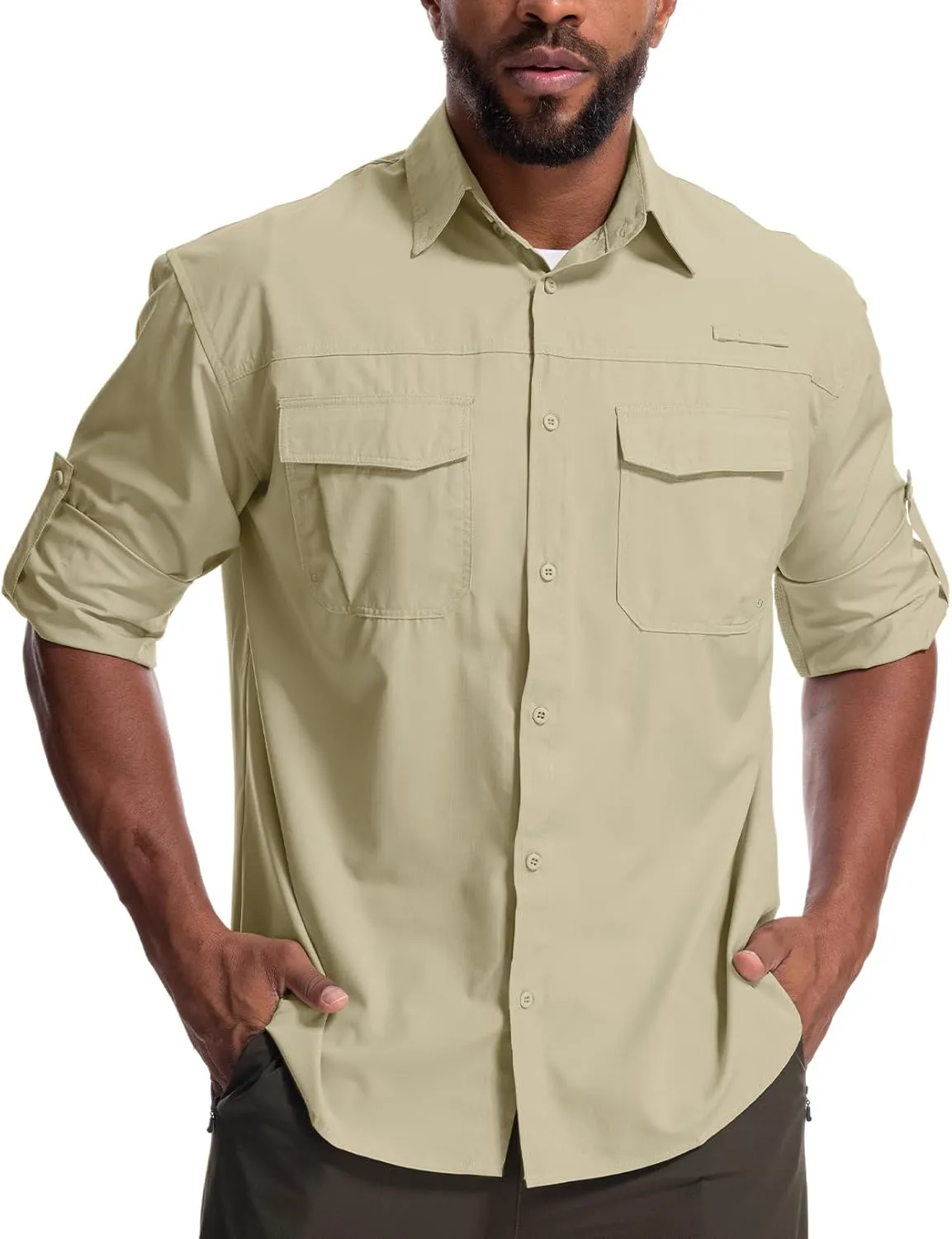 Mens Safari Sun Shirts UPF 50  UV Sun Protection Long Sleeve Outdoor Quick Dry Fishing Hiking Gardening Shirts