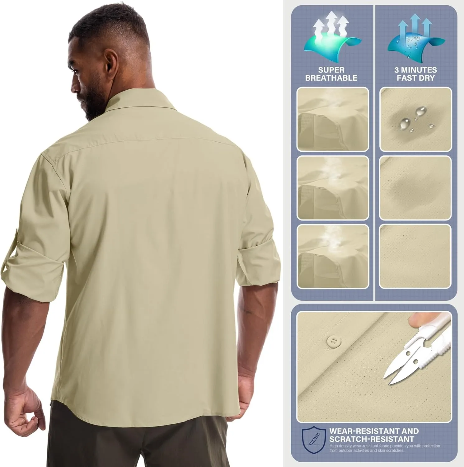 Mens Safari Sun Shirts UPF 50  UV Sun Protection Long Sleeve Outdoor Quick Dry Fishing Hiking Gardening Shirts