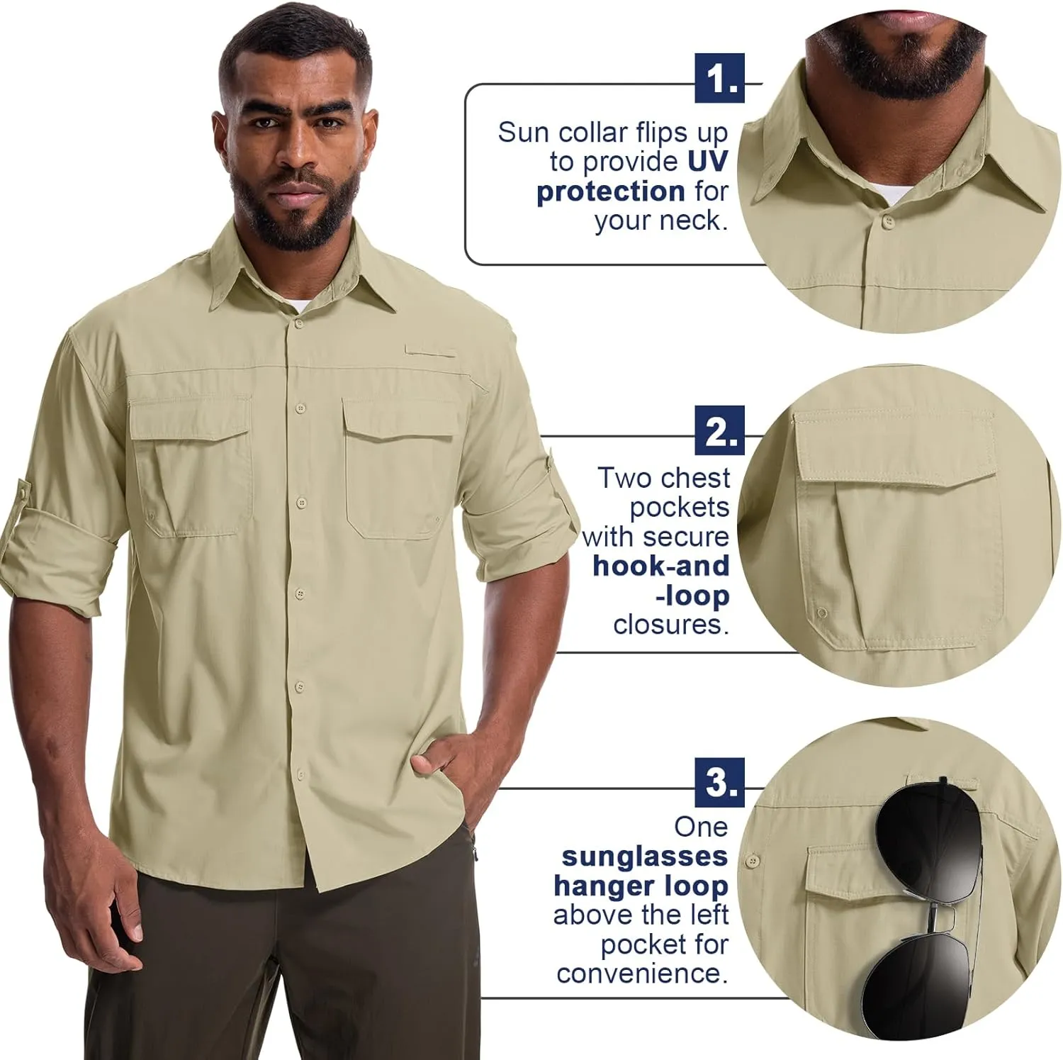 Mens Safari Sun Shirts UPF 50  UV Sun Protection Long Sleeve Outdoor Quick Dry Fishing Hiking Gardening Shirts