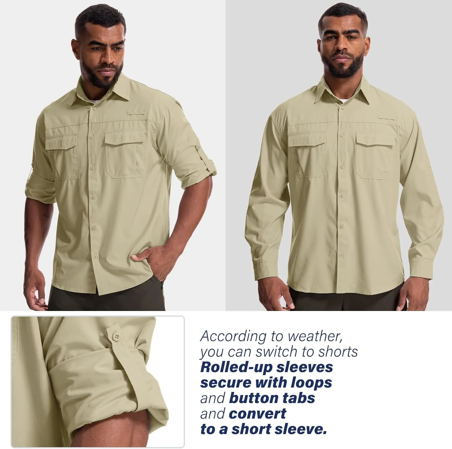 Mens Safari Sun Shirts UPF 50  UV Sun Protection Long Sleeve Outdoor Quick Dry Fishing Hiking Gardening Shirts