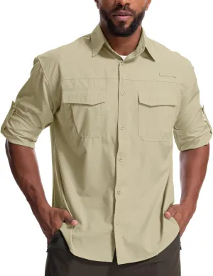 Mens Safari Sun Shirts UPF 50  UV Sun Protection Long Sleeve Outdoor Quick Dry Fishing Hiking Gardening Shirts