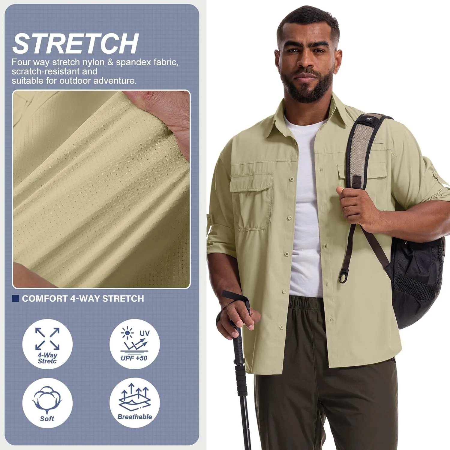 Mens Safari Sun Shirts UPF 50  UV Sun Protection Long Sleeve Outdoor Quick Dry Fishing Hiking Gardening Shirts