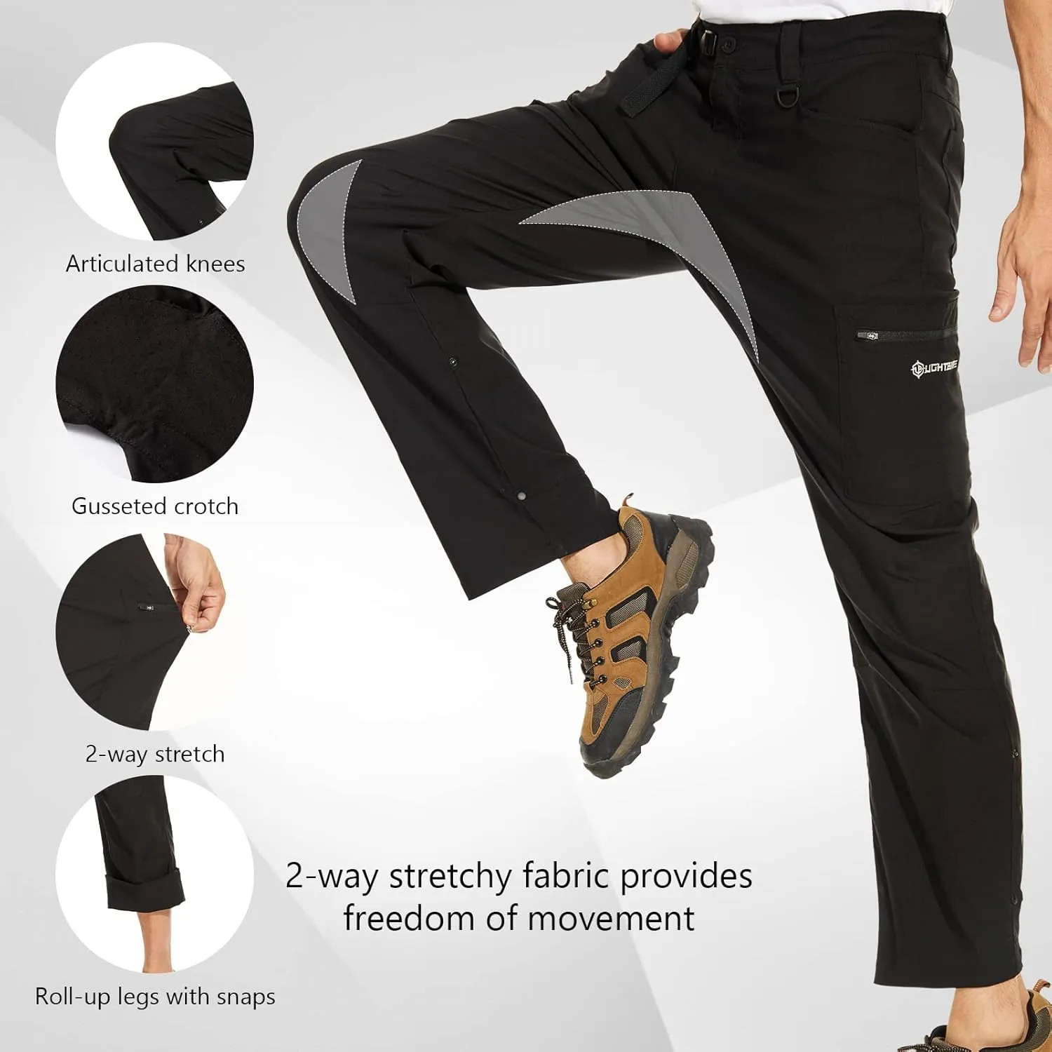 Men's Stretch Lightweight Hiking Cargo Pants UPF 50  Cropped with Roll-Up Leg Snaps Water Resistant Straight Fit
