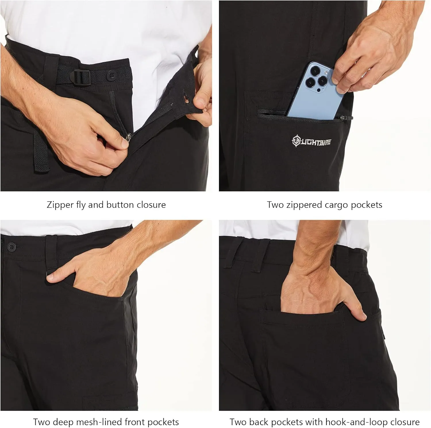 Men's Stretch Lightweight Hiking Cargo Pants UPF 50  Cropped with Roll-Up Leg Snaps Water Resistant Straight Fit