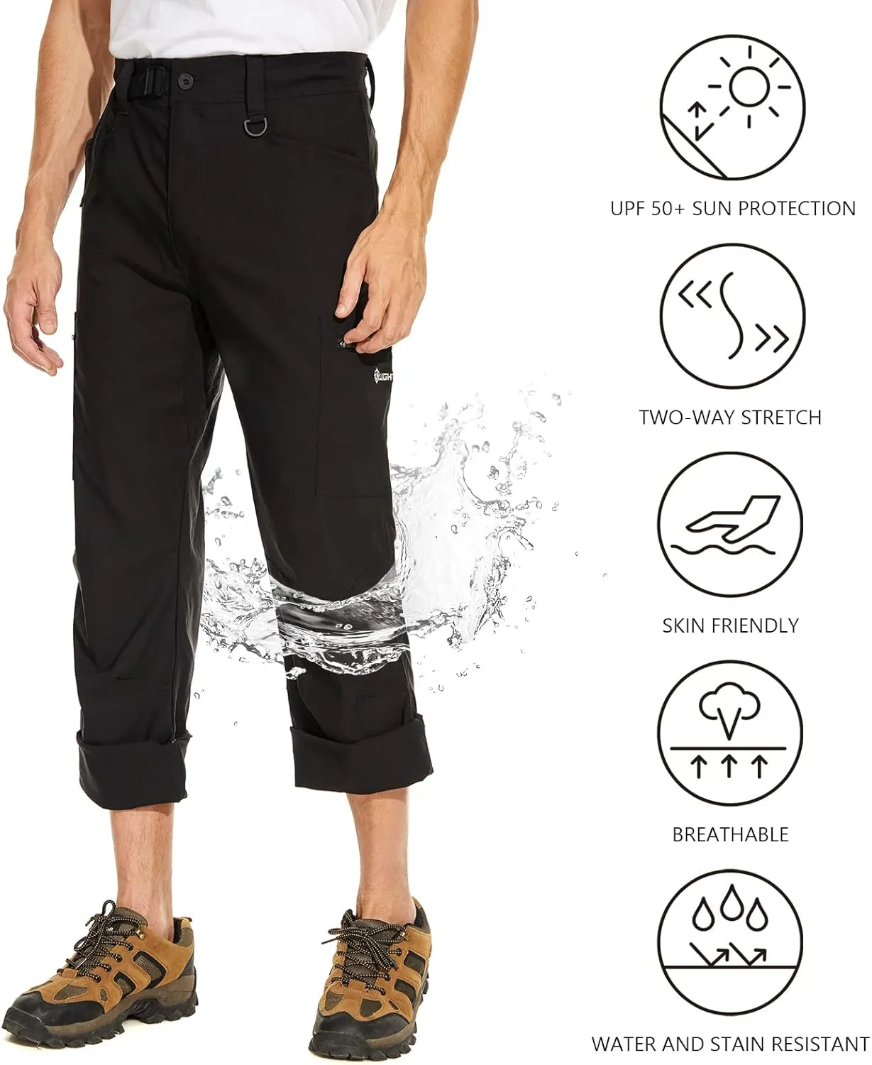Men's Stretch Lightweight Hiking Cargo Pants UPF 50  Cropped with Roll-Up Leg Snaps Water Resistant Straight Fit