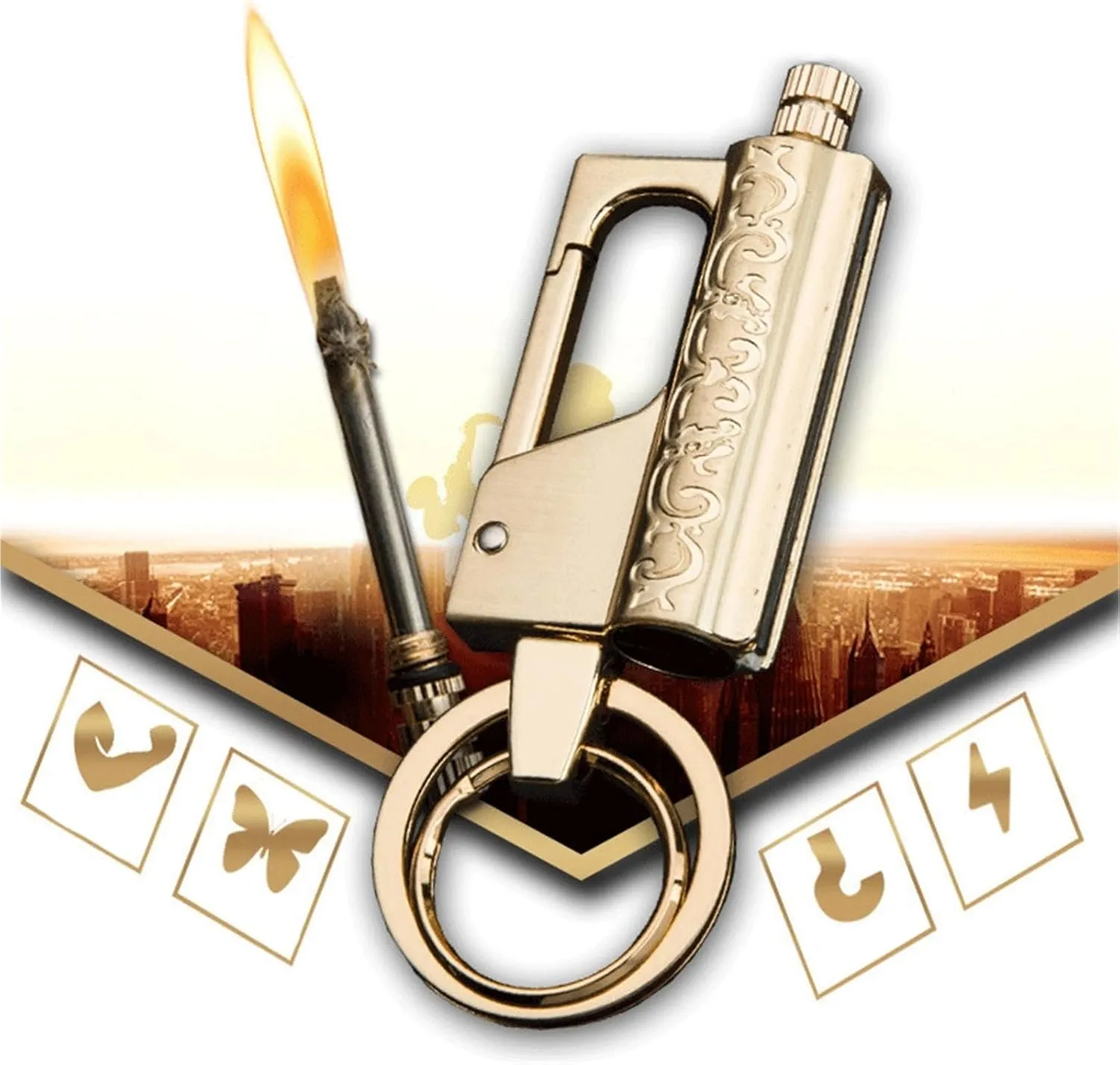 Metal Multi-Function Portable Match Kerosene Lighter, Keychain Lighter, Waterproof Matches, Hand-Carved, Suitable for Camping/Hiking (Kerosene Not Included)(Silver)