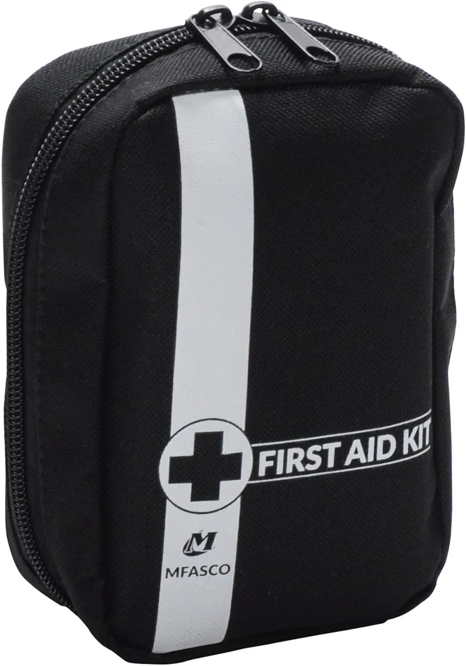 MFASCO Personal First Aid Kit Compact Storage, A Mini Emergency Kit Delux with 42-Piece Emergency Pack, Rescue Blanket, Black Canvas Case for Travel, Camping, and Hiking Attachable to Belts or Bags