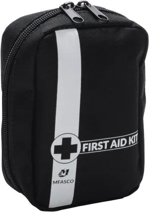 MFASCO Personal First Aid Kit Compact Storage, A Mini Emergency Kit Delux with 42-Piece Emergency Pack, Rescue Blanket, Black Canvas Case for Travel, Camping, and Hiking Attachable to Belts or Bags