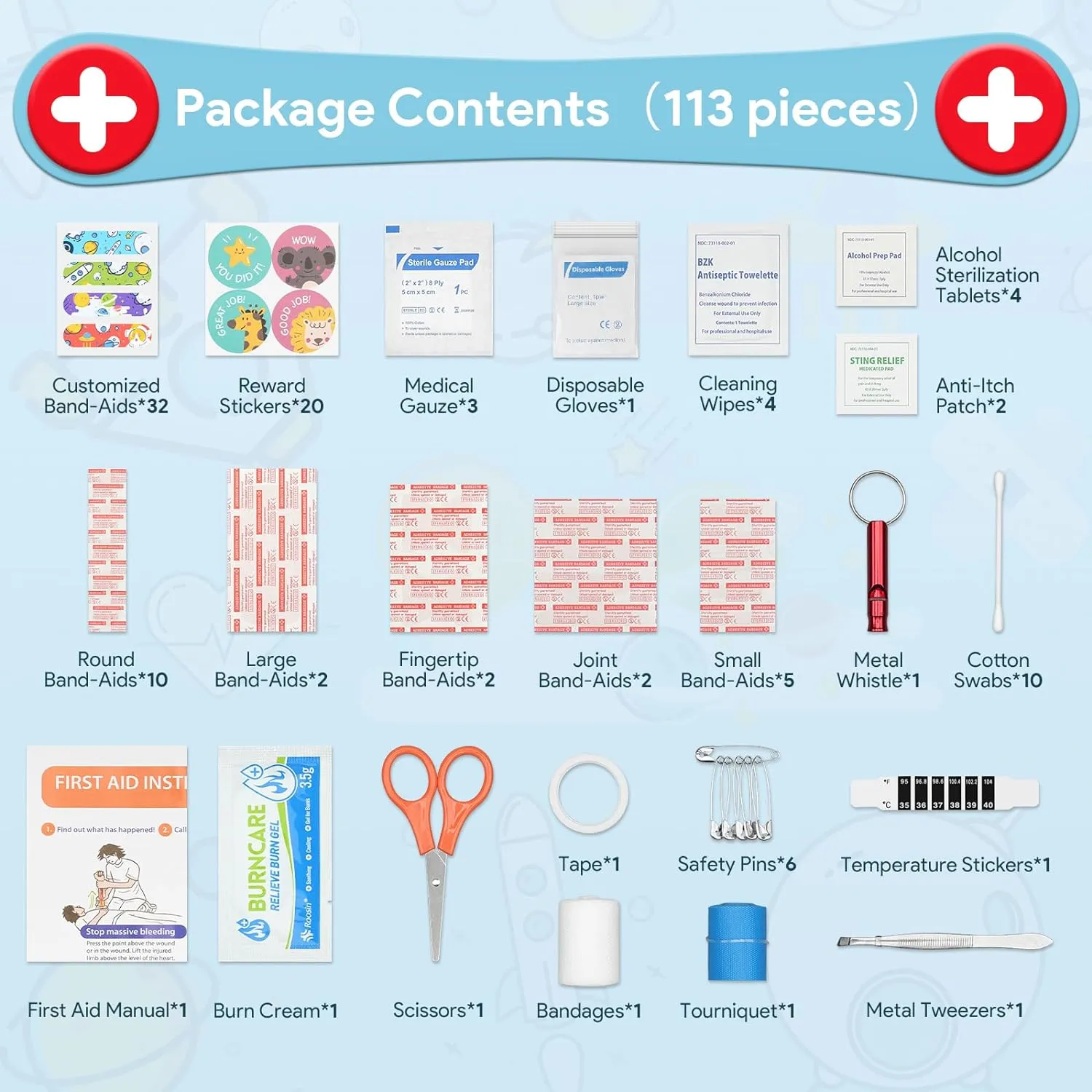 Mini First Aid Kit, 113 Pc. Water-Resistant Hard Toddler Kids Small Cute Case for Car, Home - TSA-Approved Travel Size