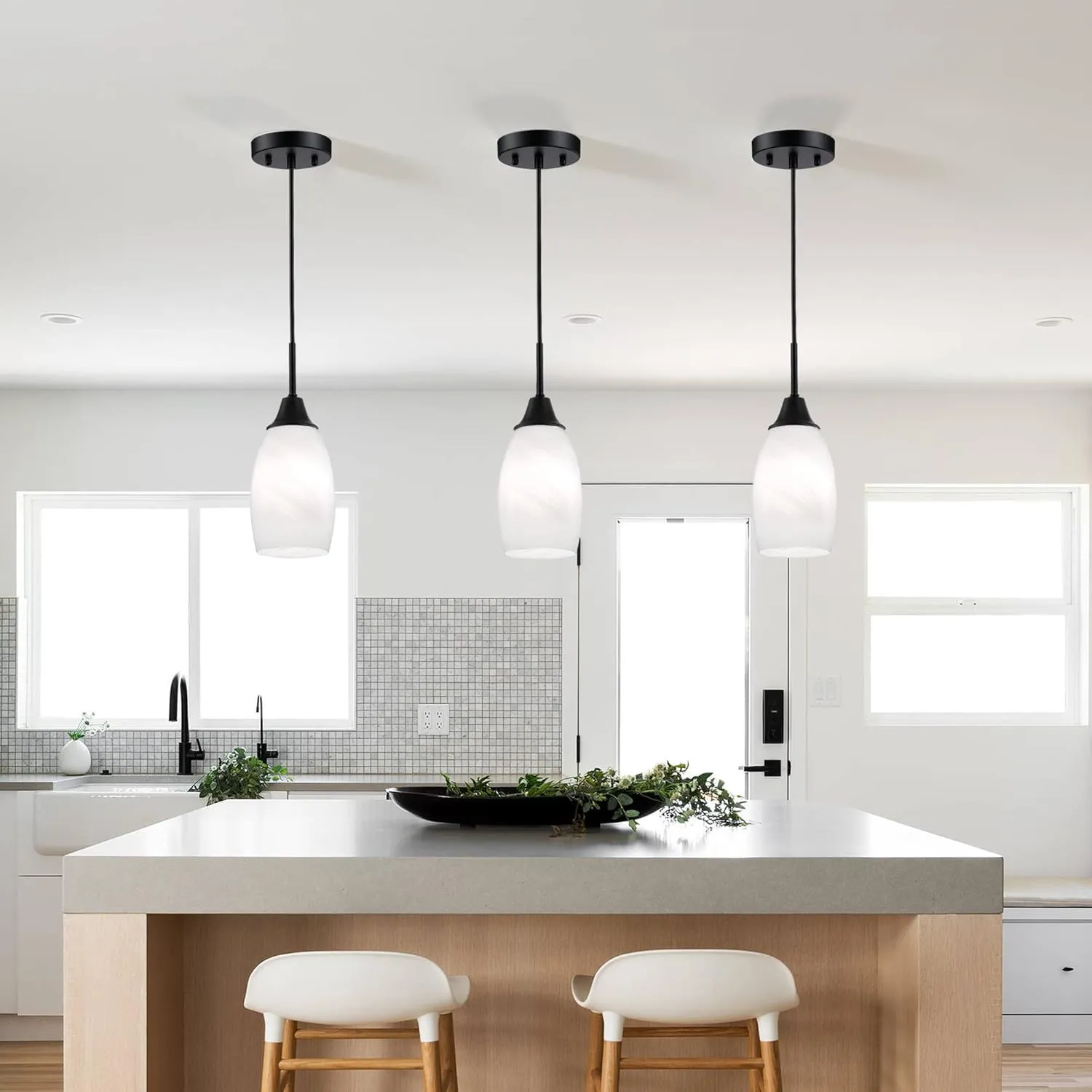 Mini Glass Pendant Light,1-Light Handblown White Oval Art Glass Hanging Pendant Light for Kitchen Island,Dining Room,Living,Foyer,Hallway, Entry Matte Black Metal