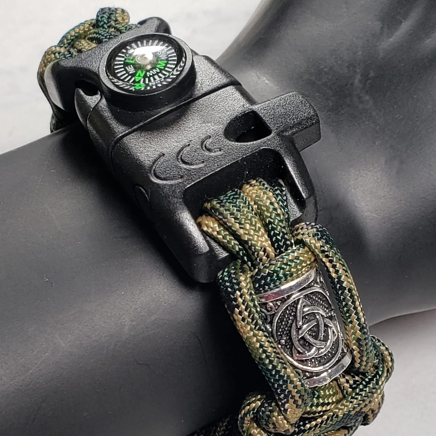 Mini Hiking & Camping Survival Kit | Adjustable Survival Bracelet – Loud Whistle, Fire Starter, Compass, Tactical Paracord Bracelet with Silver Viking Beads - Made in USA (Camouflage)