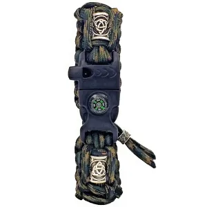 Mini Hiking & Camping Survival Kit | Adjustable Survival Bracelet – Loud Whistle, Fire Starter, Compass, Tactical Paracord Bracelet with Silver Viking Beads - Made in USA (Camouflage)