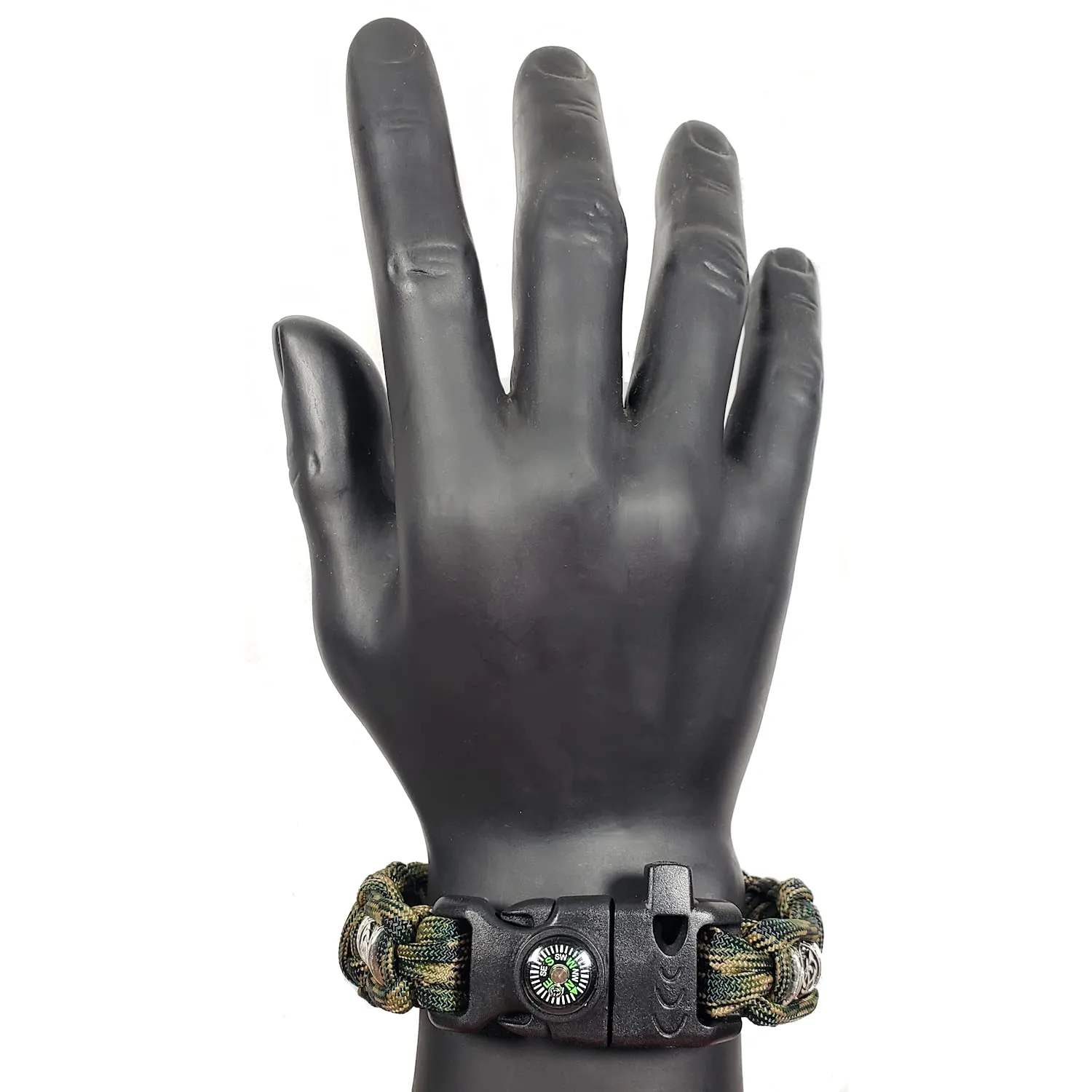 Mini Hiking & Camping Survival Kit | Adjustable Survival Bracelet – Loud Whistle, Fire Starter, Compass, Tactical Paracord Bracelet with Silver Viking Beads - Made in USA (Camouflage)