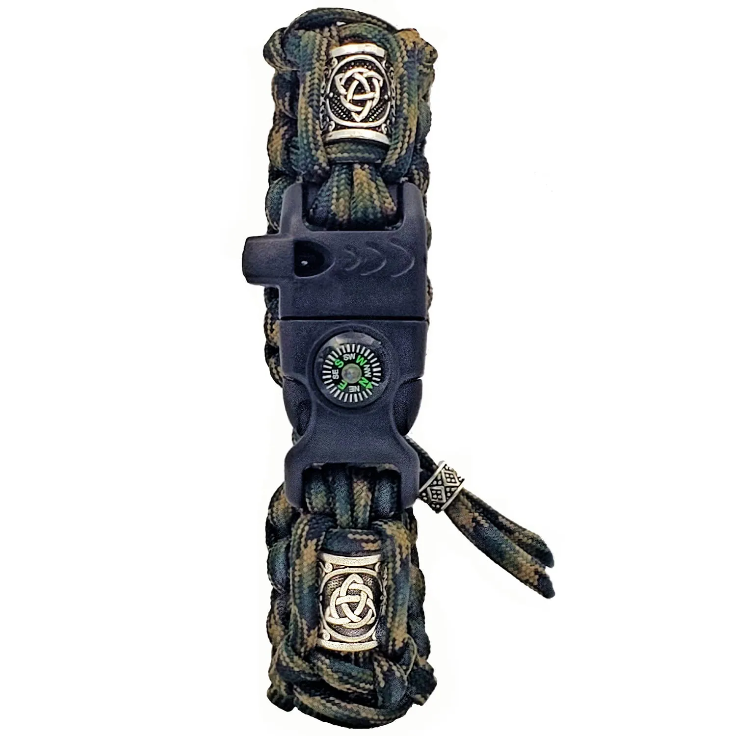 Mini Hiking & Camping Survival Kit | Adjustable Survival Bracelet – Loud Whistle, Fire Starter, Compass, Tactical Paracord Bracelet with Silver Viking Beads - Made in USA (Camouflage)