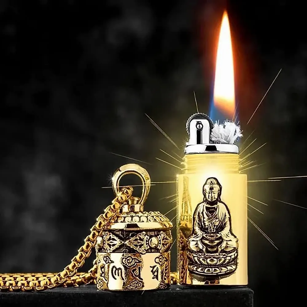 Mini Keychain Lighter EDC Peanut Survival Lighter, Vintage Kerosene Lighter Buddha Necklace Lighter, Waterproof Outdoor Survival Tool (Golden)