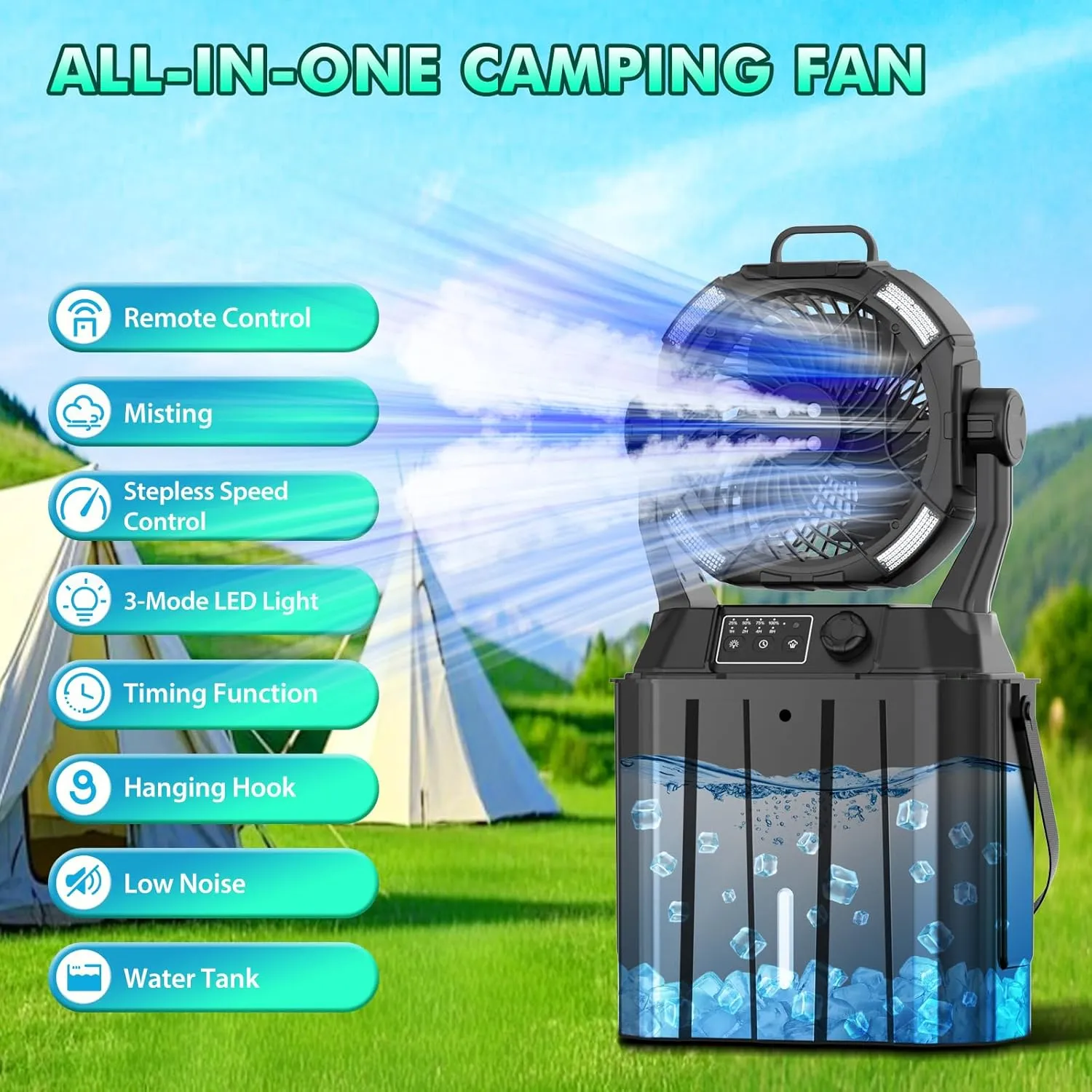 Misting Fan Portable Camping Fan 42800mAh Rechargeable with Remote Control, 3 LED Light & Stepless Speed Control & Cooling Spray with 6L Bucket, Timer Function, Portable Handle, Rotating Hanging Hook