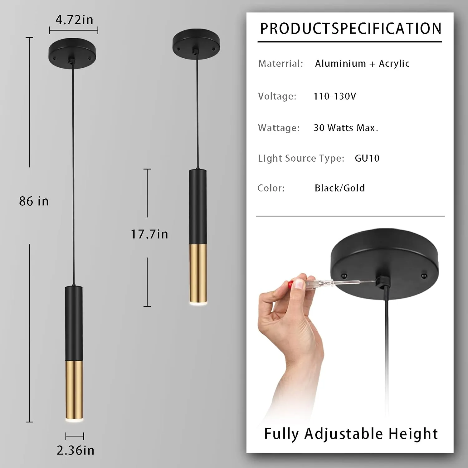 Modern Black and Gold Pendant Light Fixture for Kitchen Island, 1-Light Pendant Lighting, Lights Cord Adjustable, Matching GU10 lamp Holder,for Living Room Bedroom Dining Room(3Pack)
