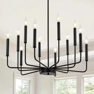Modern Farmhouse Black Chandelier, 12-Light Rustic Candle Chandelier, Industrial Hanging Chandeliers for Dining Room, Living Room, Kitchen, Foyer, Entryway