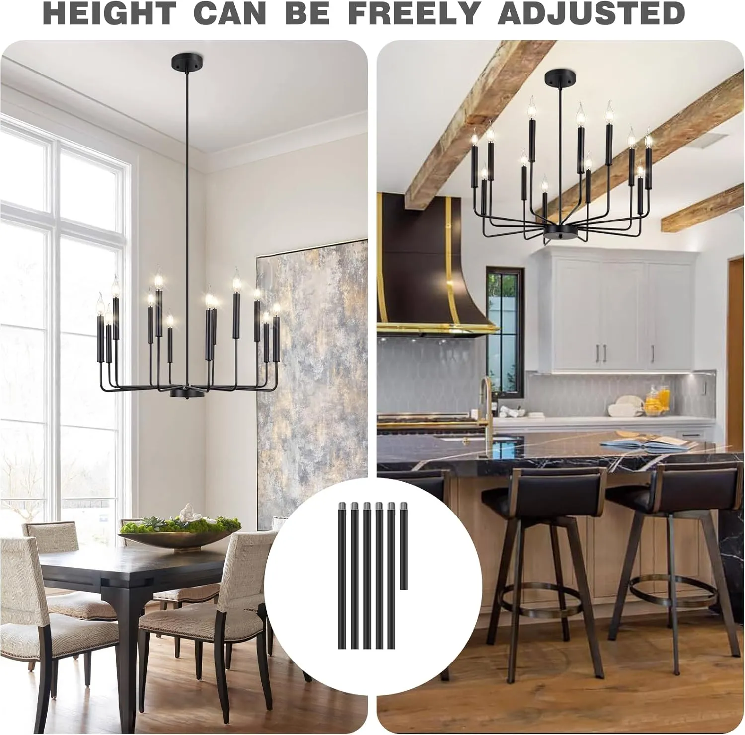 Modern Farmhouse Black Chandelier, 12-Light Rustic Candle Chandelier, Industrial Hanging Chandeliers for Dining Room, Living Room, Kitchen, Foyer, Entryway