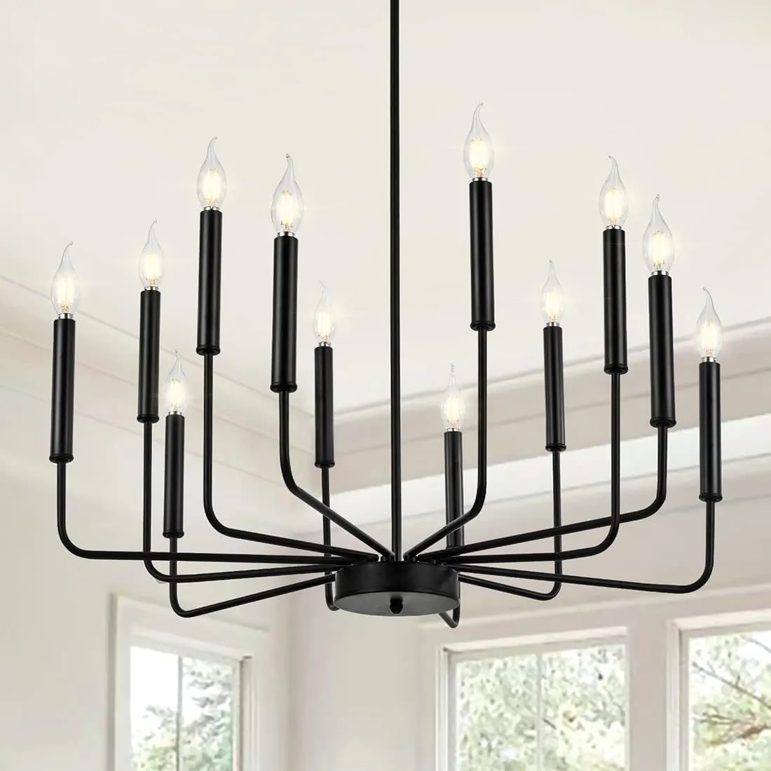 Modern Farmhouse Black Chandelier, 12-Light Rustic Candle Chandelier, Industrial Hanging Chandeliers for Dining Room, Living Room, Kitchen, Foyer, Entryway
