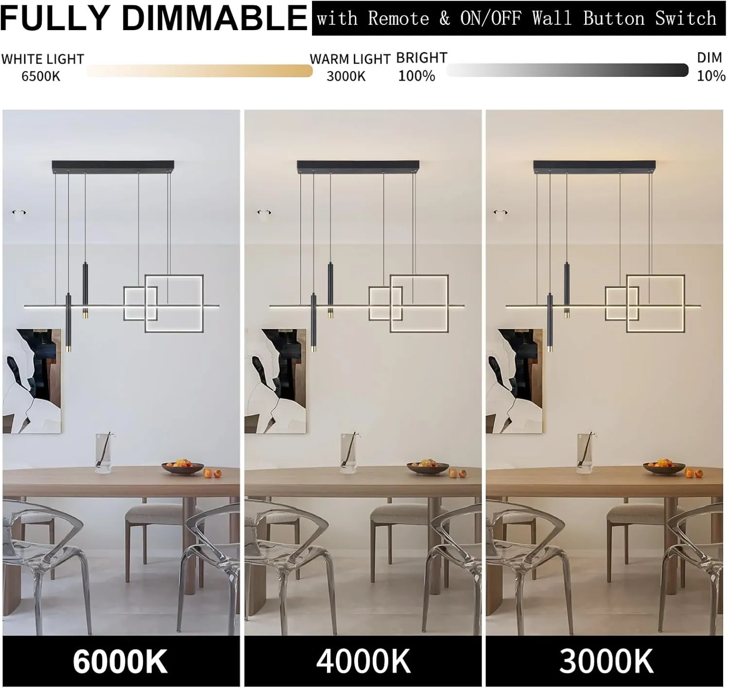 Modern LED Chandelier Lighting, Dimmable Linear Black Pendant Light with Squares, 39in Dining Room Hanging Light Fixture, Kitchen Island Pendant Light for Dining Table Bar (3000lm/50W)