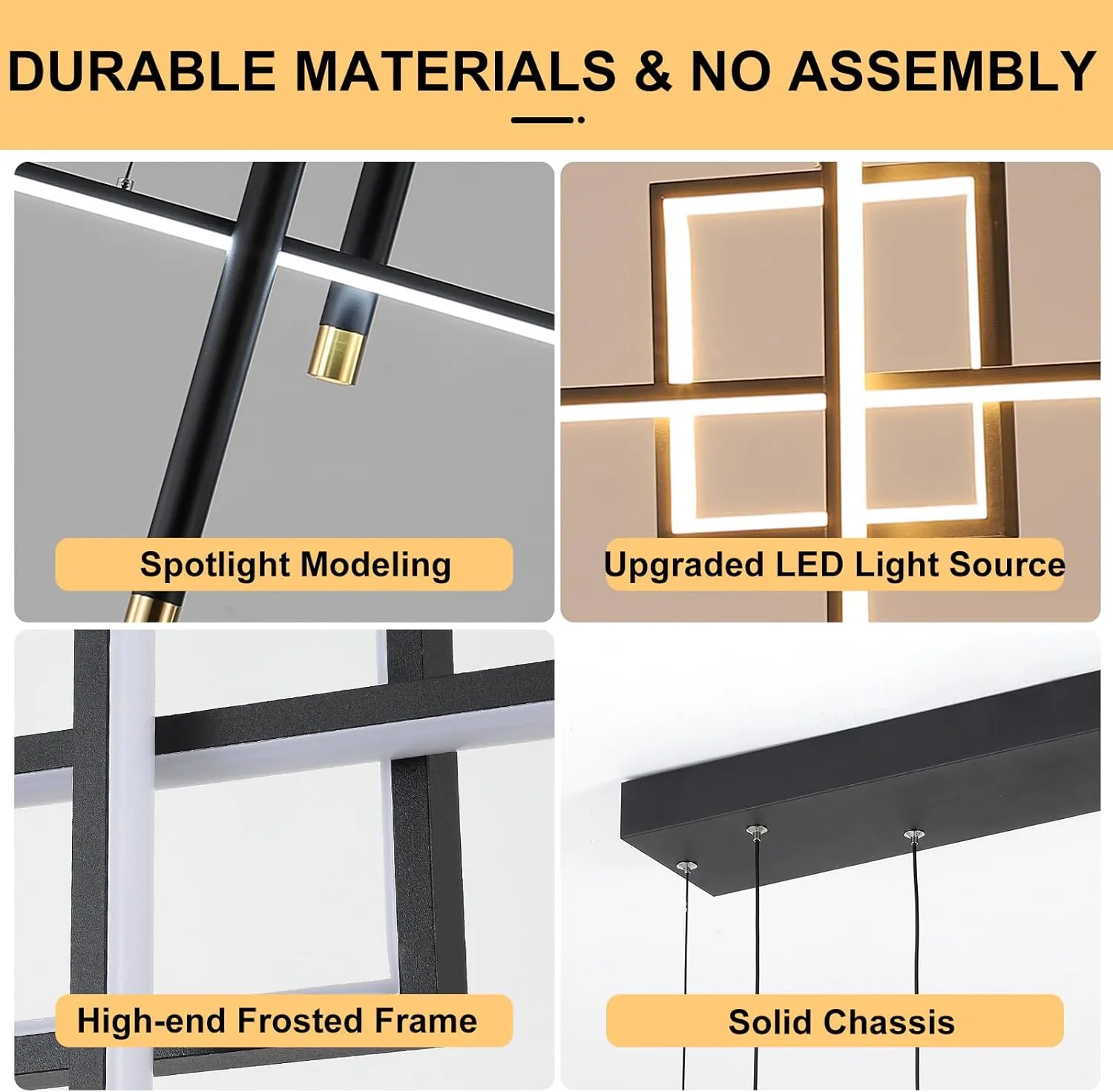 Modern LED Chandelier Lighting, Dimmable Linear Black Pendant Light with Squares, 39in Dining Room Hanging Light Fixture, Kitchen Island Pendant Light for Dining Table Bar (3000lm/50W)