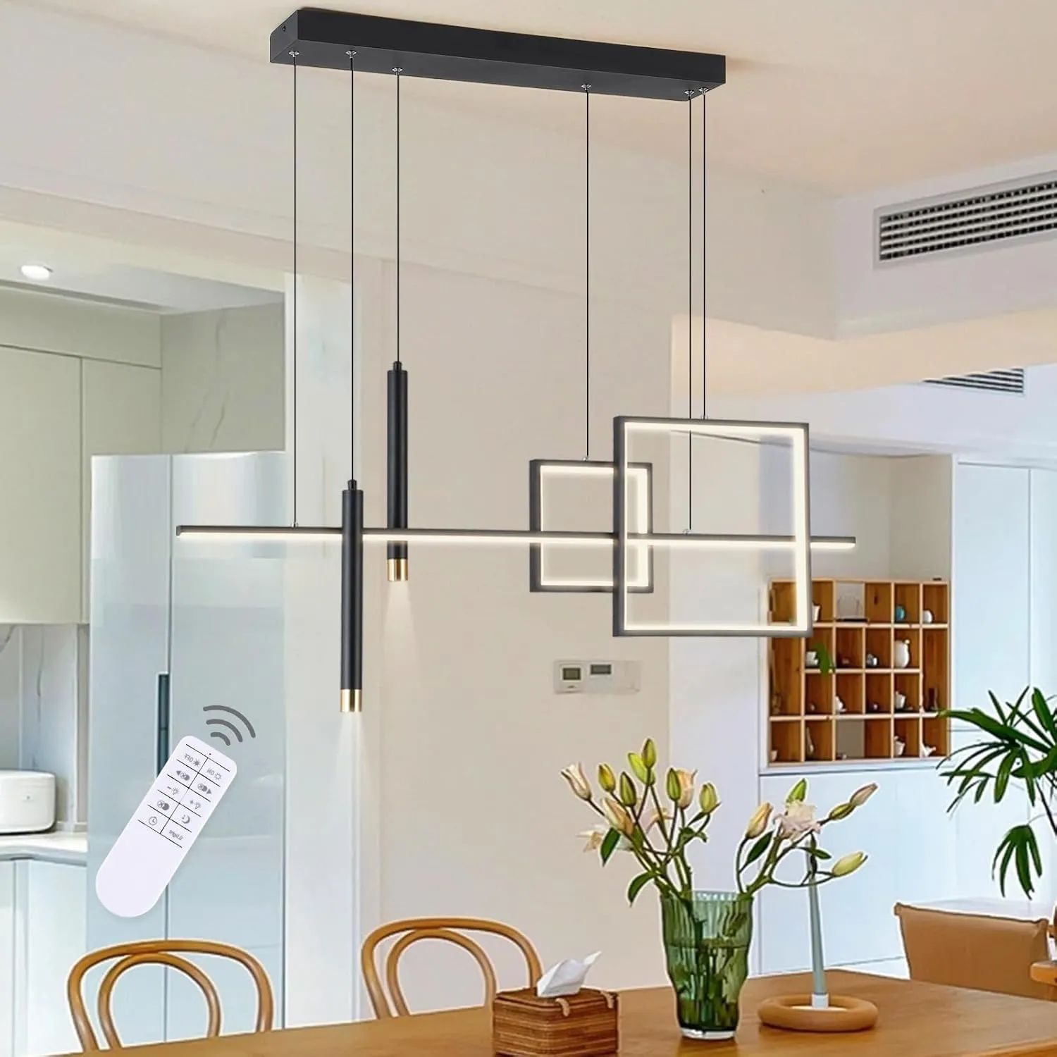 Modern LED Chandelier Lighting, Dimmable Linear Black Pendant Light with Squares, 39in Dining Room Hanging Light Fixture, Kitchen Island Pendant Light for Dining Table Bar (3000lm/50W)