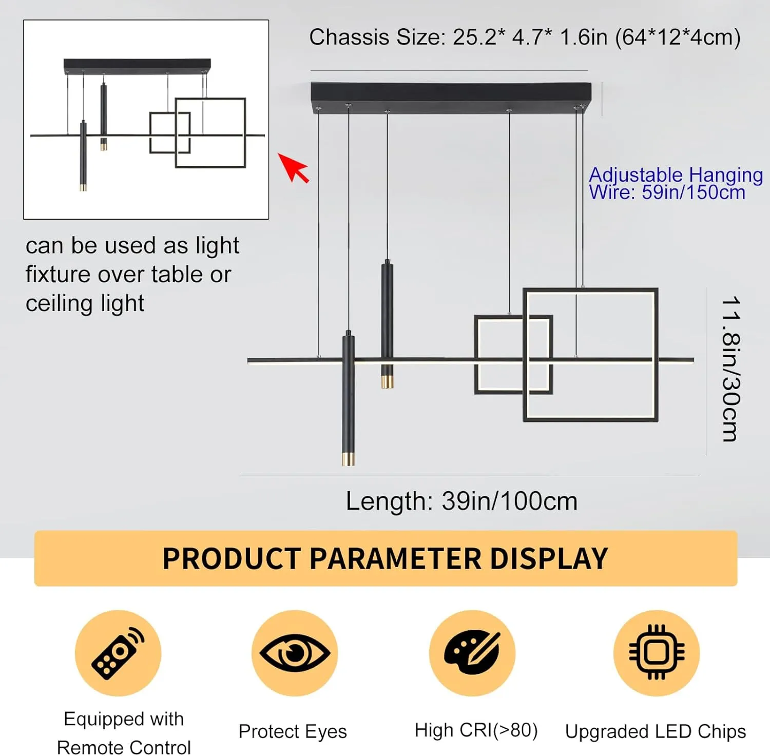 Modern LED Chandelier Lighting, Dimmable Linear Black Pendant Light with Squares, 39in Dining Room Hanging Light Fixture, Kitchen Island Pendant Light for Dining Table Bar (3000lm/50W)