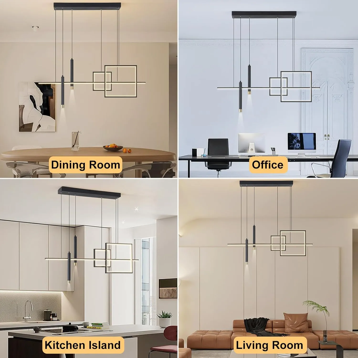 Modern LED Chandelier Lighting, Dimmable Linear Black Pendant Light with Squares, 39in Dining Room Hanging Light Fixture, Kitchen Island Pendant Light for Dining Table Bar (3000lm/50W)