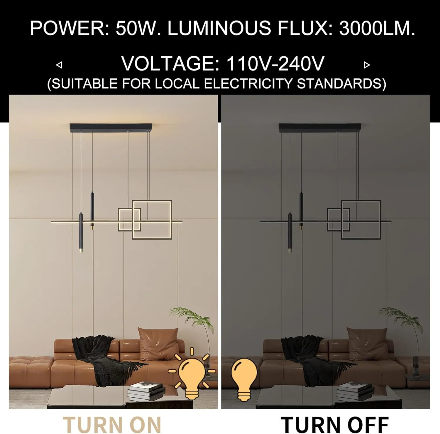 Modern LED Chandelier Lighting, Dimmable Linear Black Pendant Light with Squares, 39in Dining Room Hanging Light Fixture, Kitchen Island Pendant Light for Dining Table Bar (3000lm/50W)