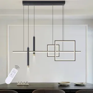 Modern LED Chandelier Lighting, Dimmable Linear Black Pendant Light with Squares, 39in Dining Room Hanging Light Fixture, Kitchen Island Pendant Light for Dining Table Bar (3000lm/50W)