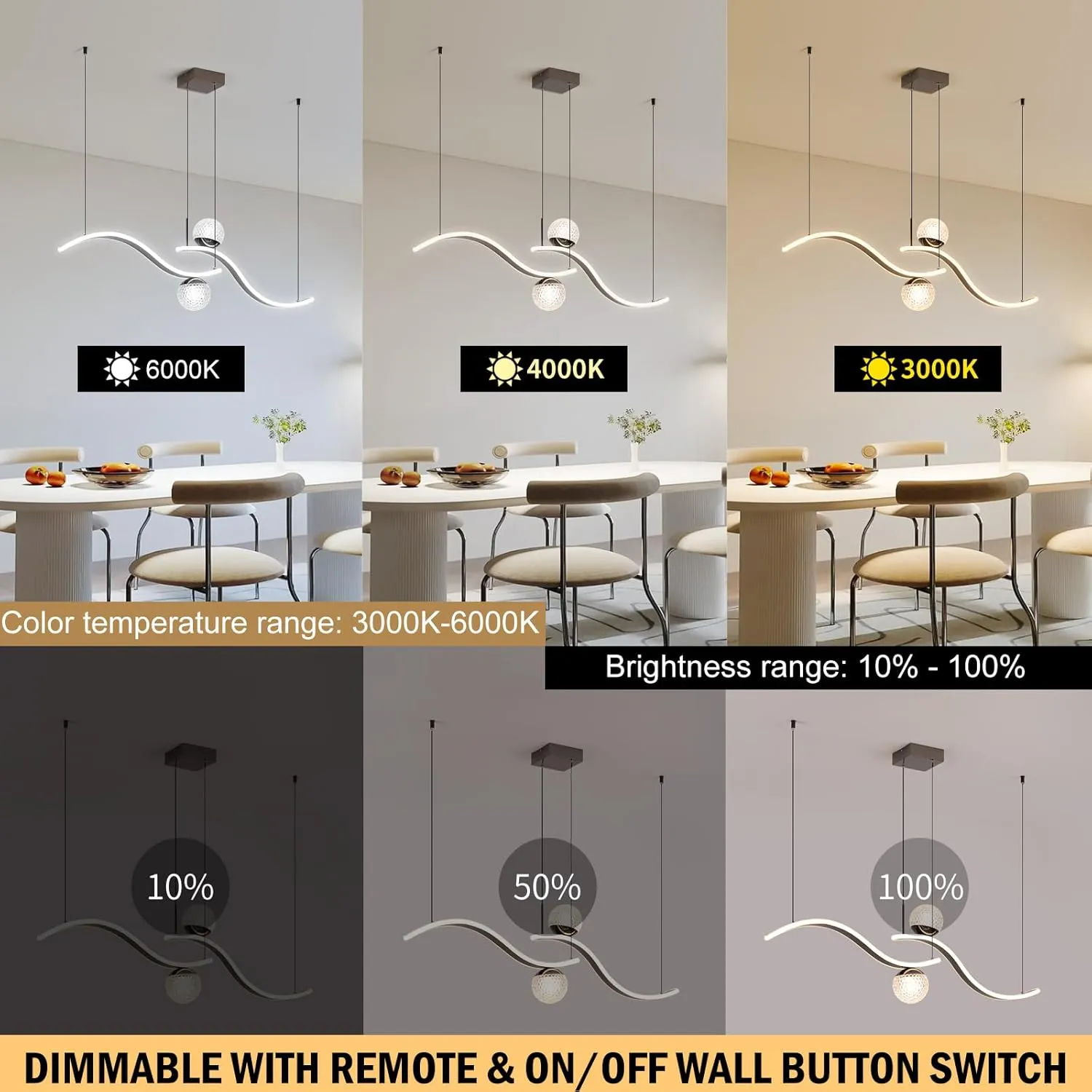 Modern LED Globe Pendant Light, 39in Dimmable Black Hanging Chandelier Light Fixture, 2-Wave Kitchen Pendant Lighting Over Island, Dining Room Lights Ceiling Hanging Over Table (2-Bulb)