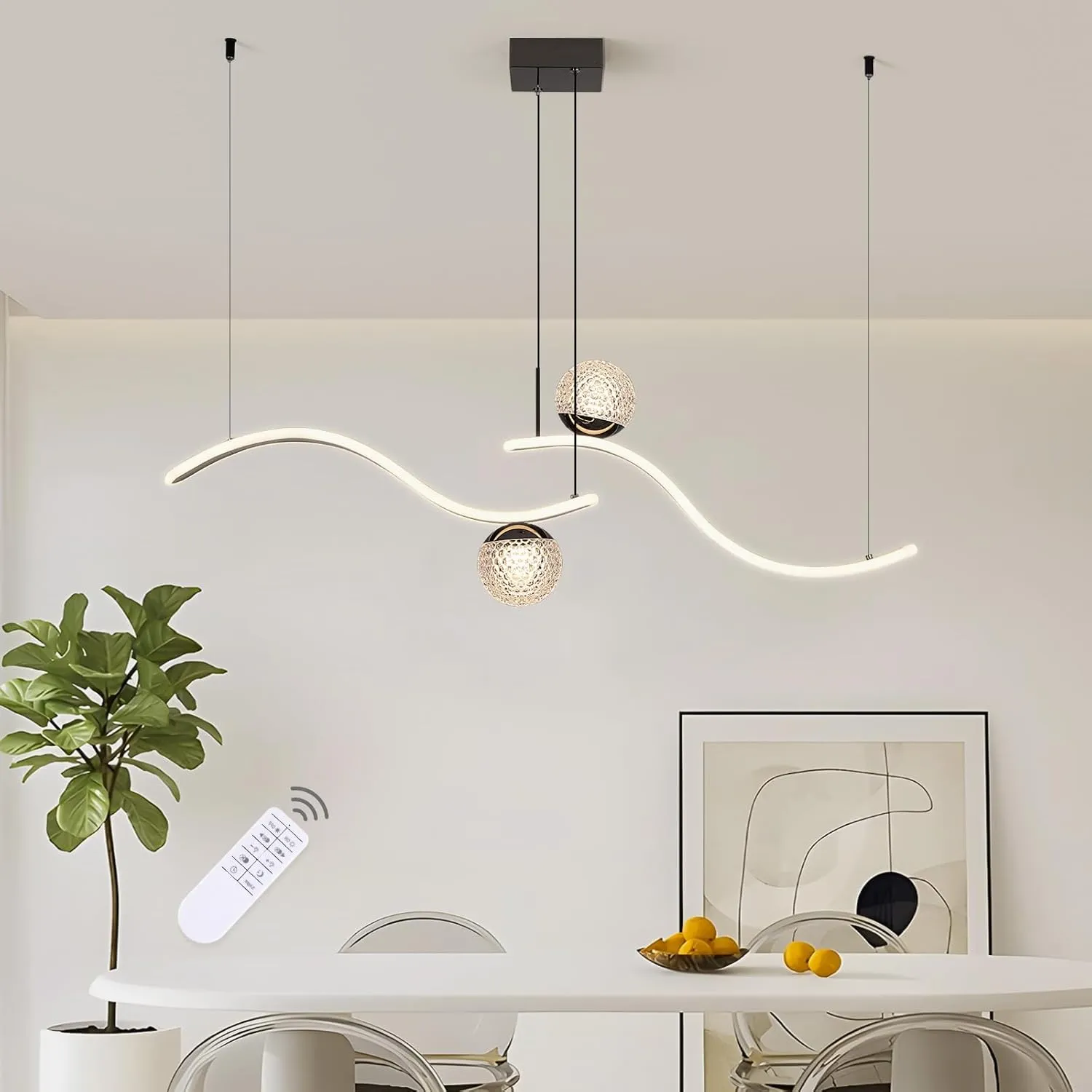 Modern LED Globe Pendant Light, 39in Dimmable Black Hanging Chandelier Light Fixture, 2-Wave Kitchen Pendant Lighting Over Island, Dining Room Lights Ceiling Hanging Over Table (2-Bulb)